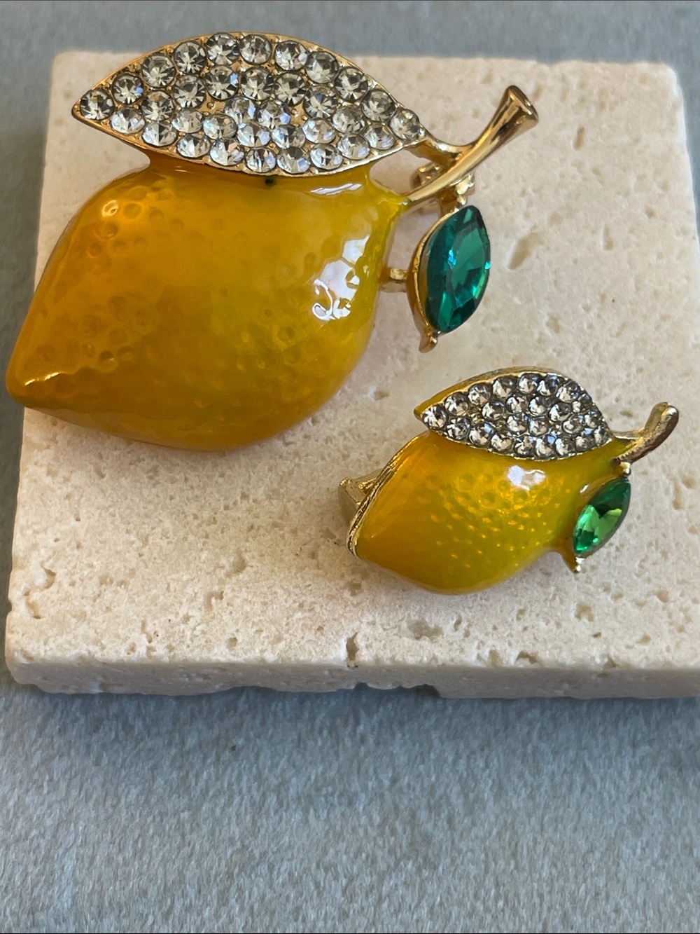 Yellow Lemon Crystal Leaf Brooch and Clip-On Earring Set